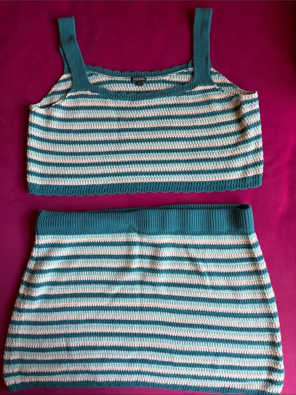 Striped Teal and White Knit Crop Top and Skirt set.